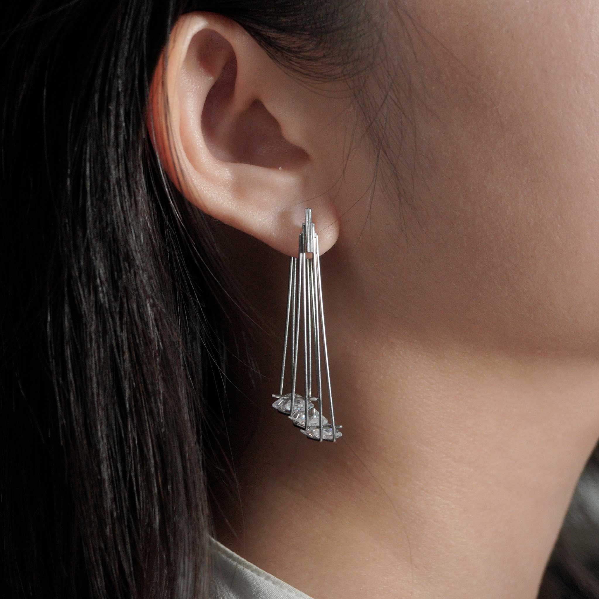 Stainless-Steel and White Topaz Chandelier Earrings